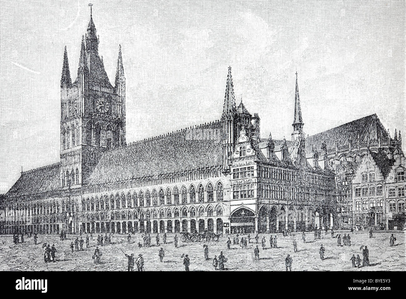 Gotische Tuchhalle, Ypern, Flandern, Belgien, historische Buchillustration aus dem 19. Jahrhundert, Stahlstich Stockfoto