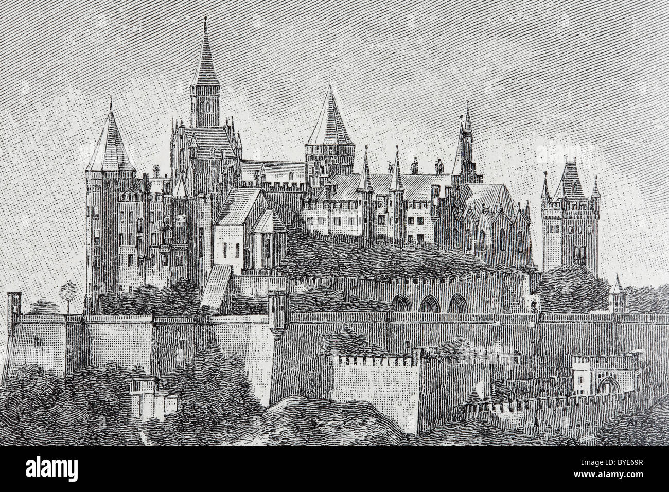 Burg Burg Hohenzollern, Baden-Württemberg, Deutschland, historische Buchillustration aus dem 19. Jahrhundert, Stahlstich Stockfoto