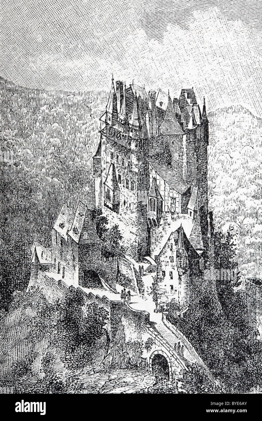 Burg Eltz Schloss, Rheinland-Pfalz, Deutschland, historische Buchillustration aus dem 19. Jahrhundert, Stahlstich Stockfoto