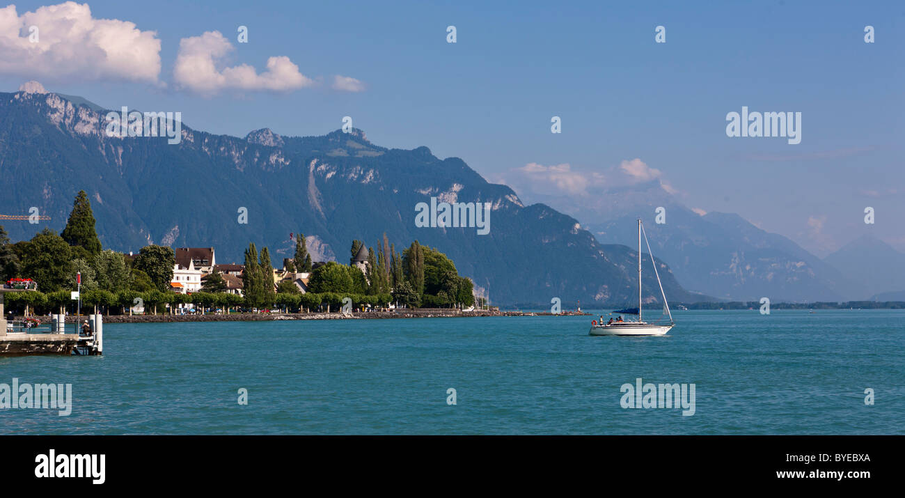 Blick auf den Genfer See, Vevey, Genfer See, Kanton Waadt, Schweiz, Europa Stockfoto