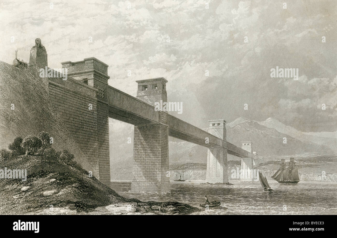 Die Britannia Tubular-Brücke über die Menaistraße zwischen der Insel Anglesey und dem Festland von Wales im 19. Jahrhundert Stockfoto