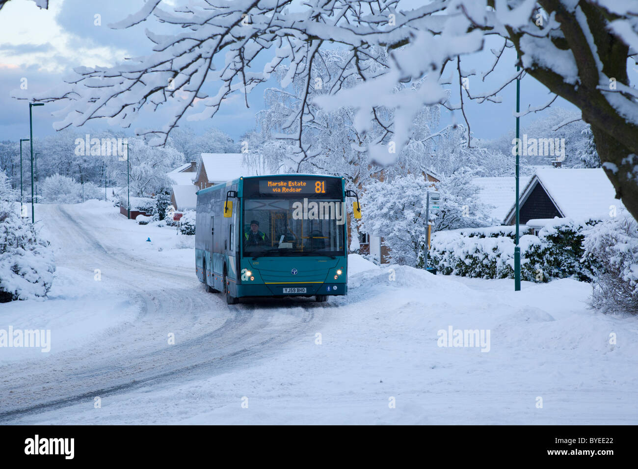 Öffentliche Verkehrsmittel in den Schnee, Guisborough Cleveland Stockfoto