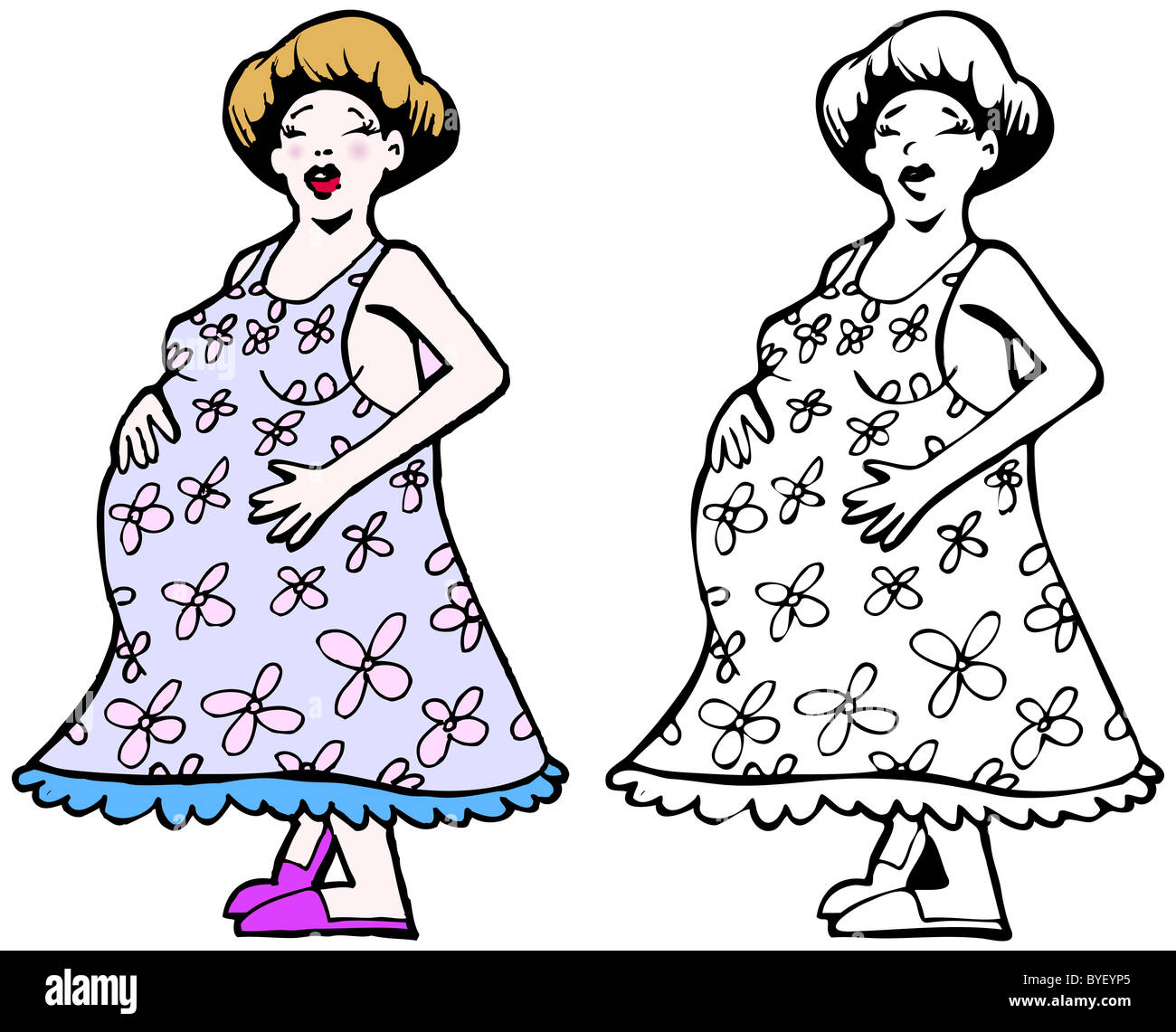 Comic-Bild einer schwangeren Frau - Farbe und schwarz/weiß-Versionen. Stockfoto