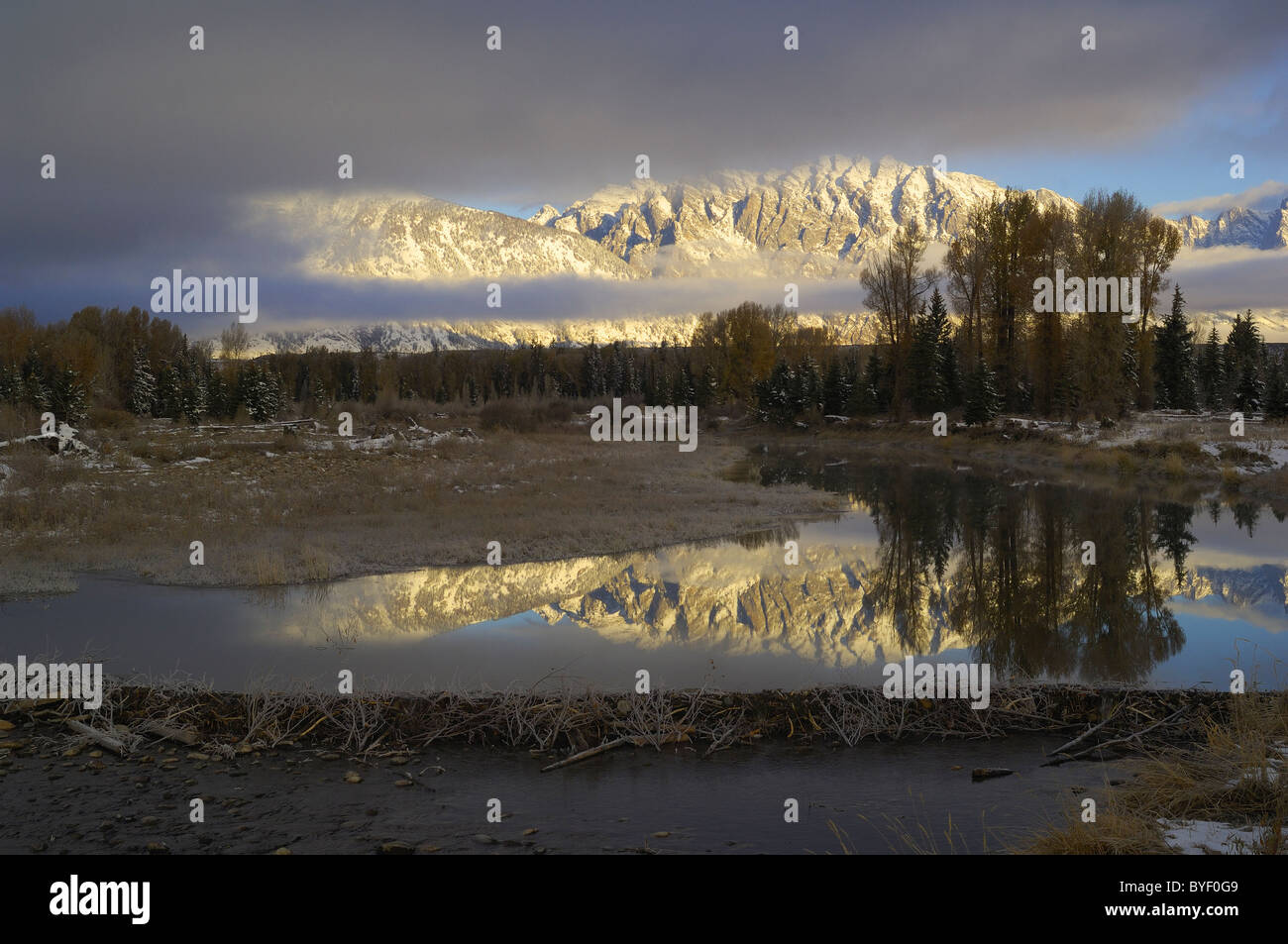 Grand Teton reflektiert in Biber Teich. Stockfoto