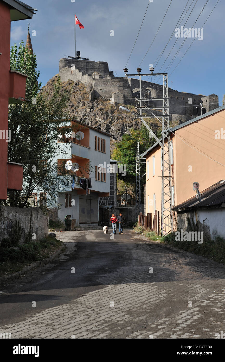 Jungen zu Fuß einen Hund, der Zitadelle, Kars, Türkei 100928 37708 Stockfoto