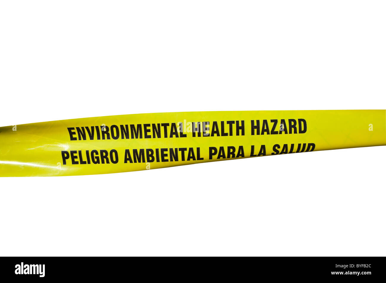 Ökologische Gefahr für die Gesundheit Warnung Klebeband auf ein Maschendrahtzaun. Stockfoto