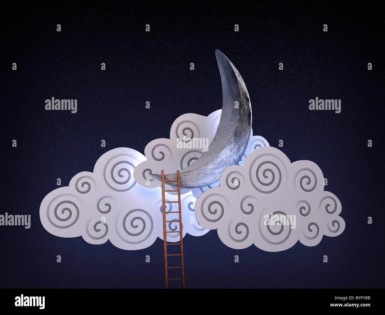 Abstrakt 3D Illustration von einer Leiter, die zum Mond in den Wolken Stockfoto