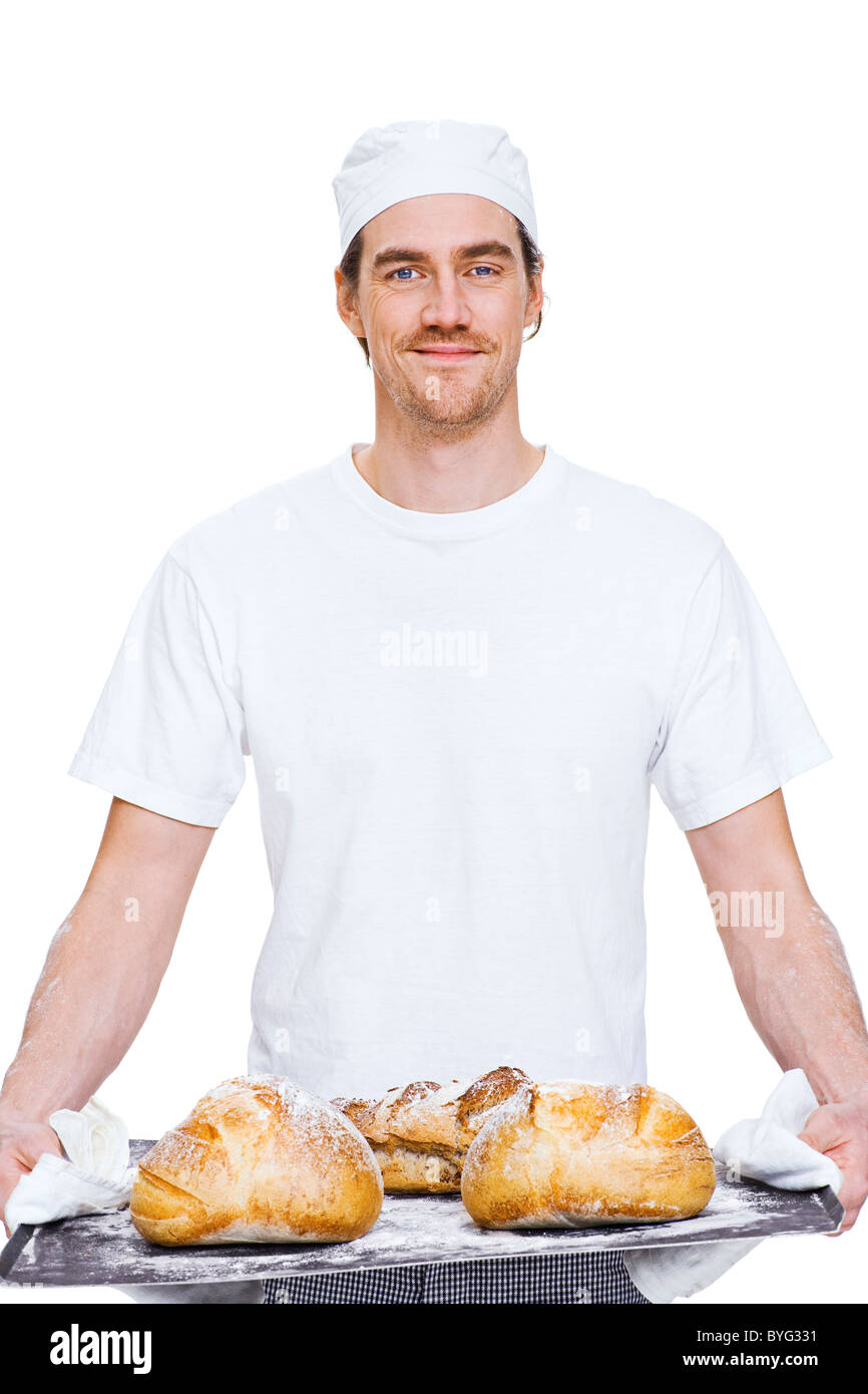 Studioaufnahme von Baker, die holding Tablett mit Brot Stockfoto