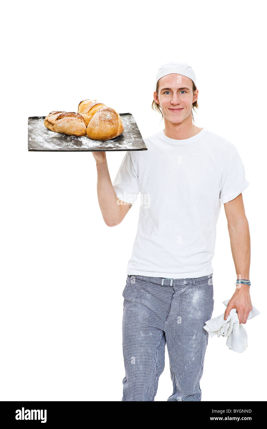 Studioportrait von männlichen Baker, die holding Tablett mit Brot Stockfoto