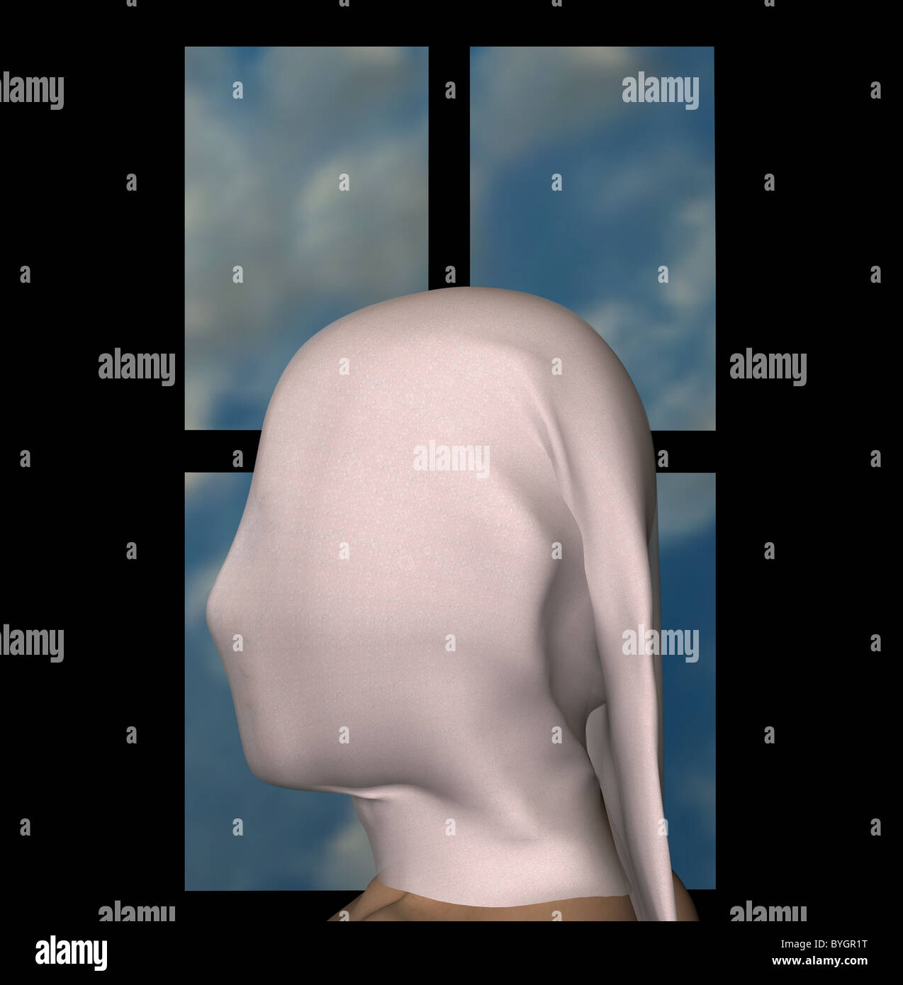 Weibliche Figur mit weißem Tuch und blauer Himmel Fensterrahmen drapiert. 3D Illustration. Stockfoto