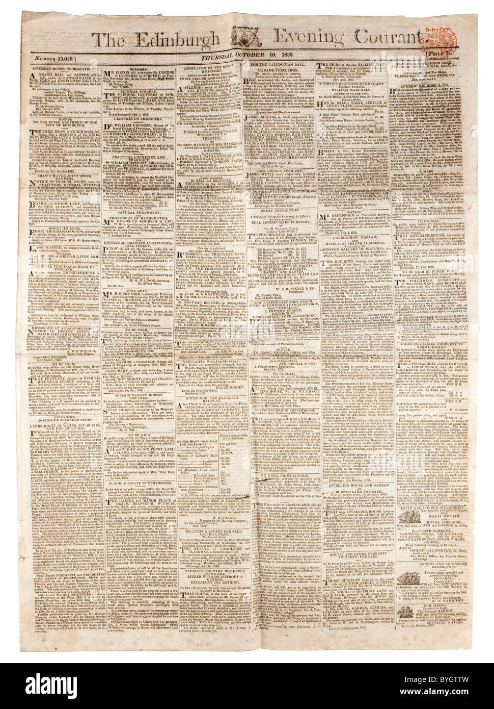 Alte Zeitung The Edinburgh Abend Courant datiert Donnerstag, 10. Oktober 1833 Preis 7 Pence. EDITORIAL NUR Stockfoto