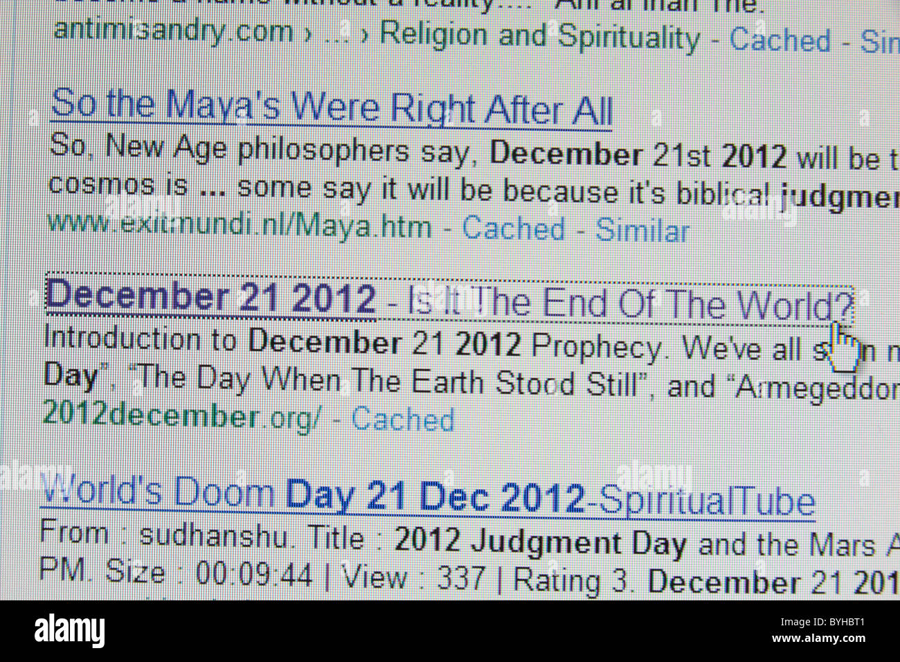 Google Suchergebnisse für die so genannte Judgement Day (Ende der Welt) auf der Maya-Kalender, 21. Dezember 2012. Stockfoto
