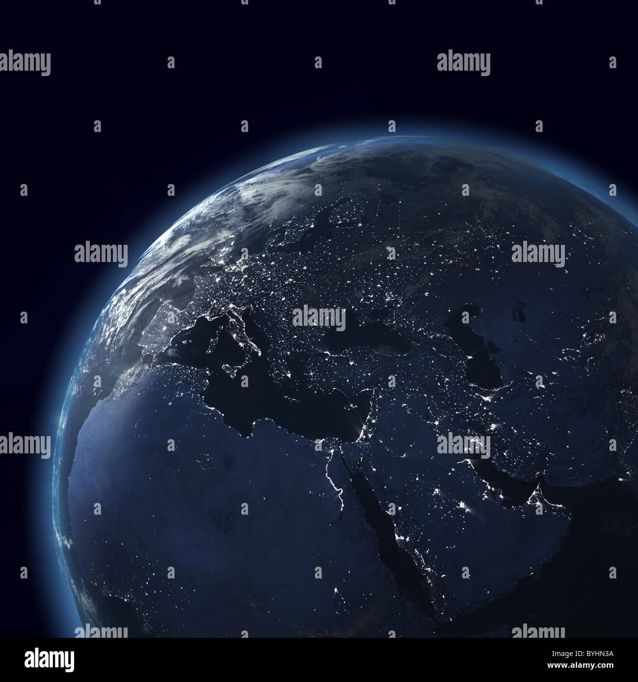 Nacht-Globus mit Lichter der Stadt, detaillierte Karte von Asien, Europa, Afrika, Arabien Stockfoto