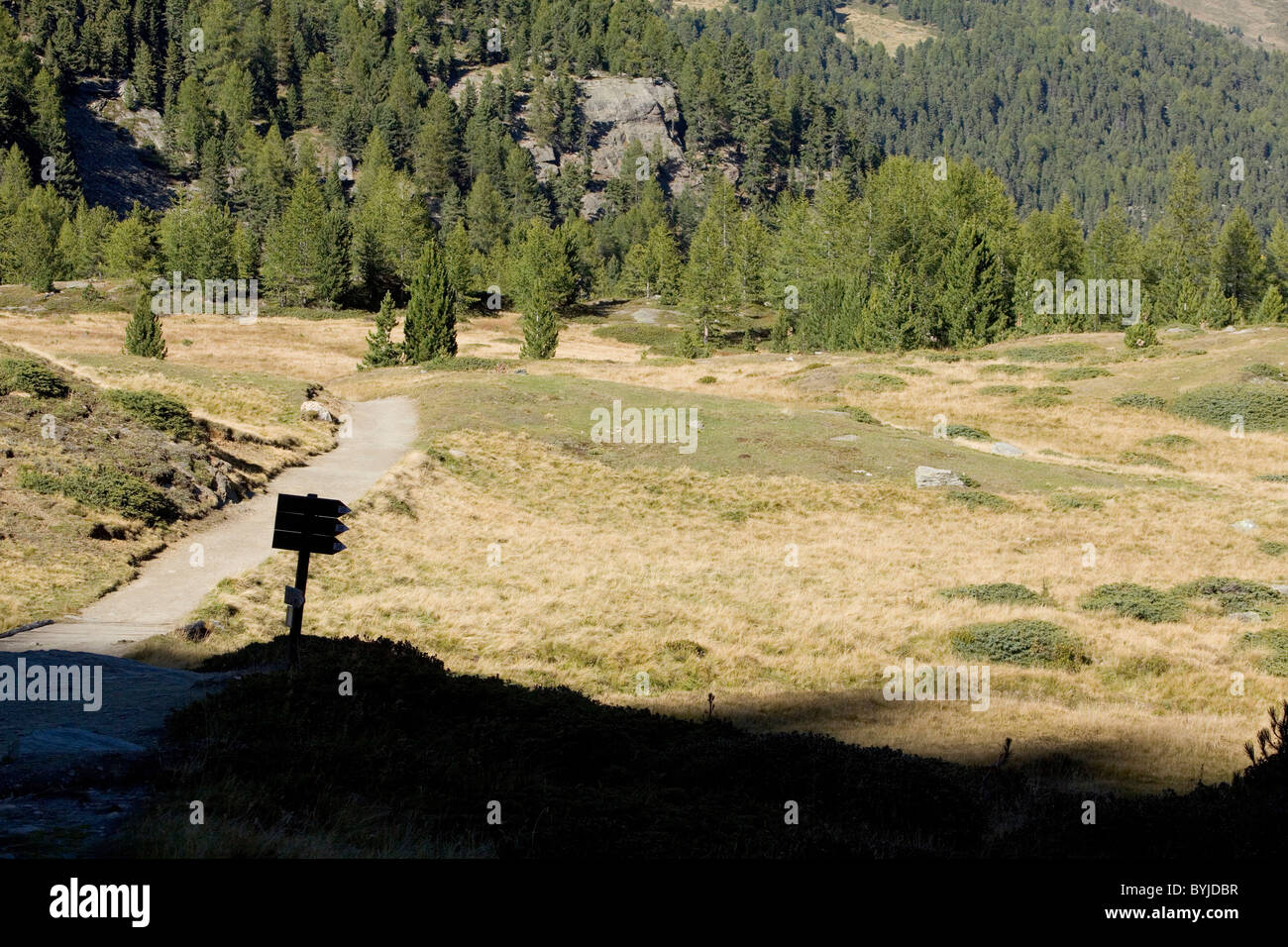 Fuß Testversion Wegweiser in der Alpenregion Südtirol, Val Martello, Italien Stockfoto