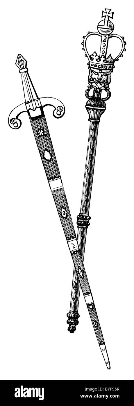 1875-Holzschnitt oder Kupferstich: Keule und Schwert von Chester Stockfoto