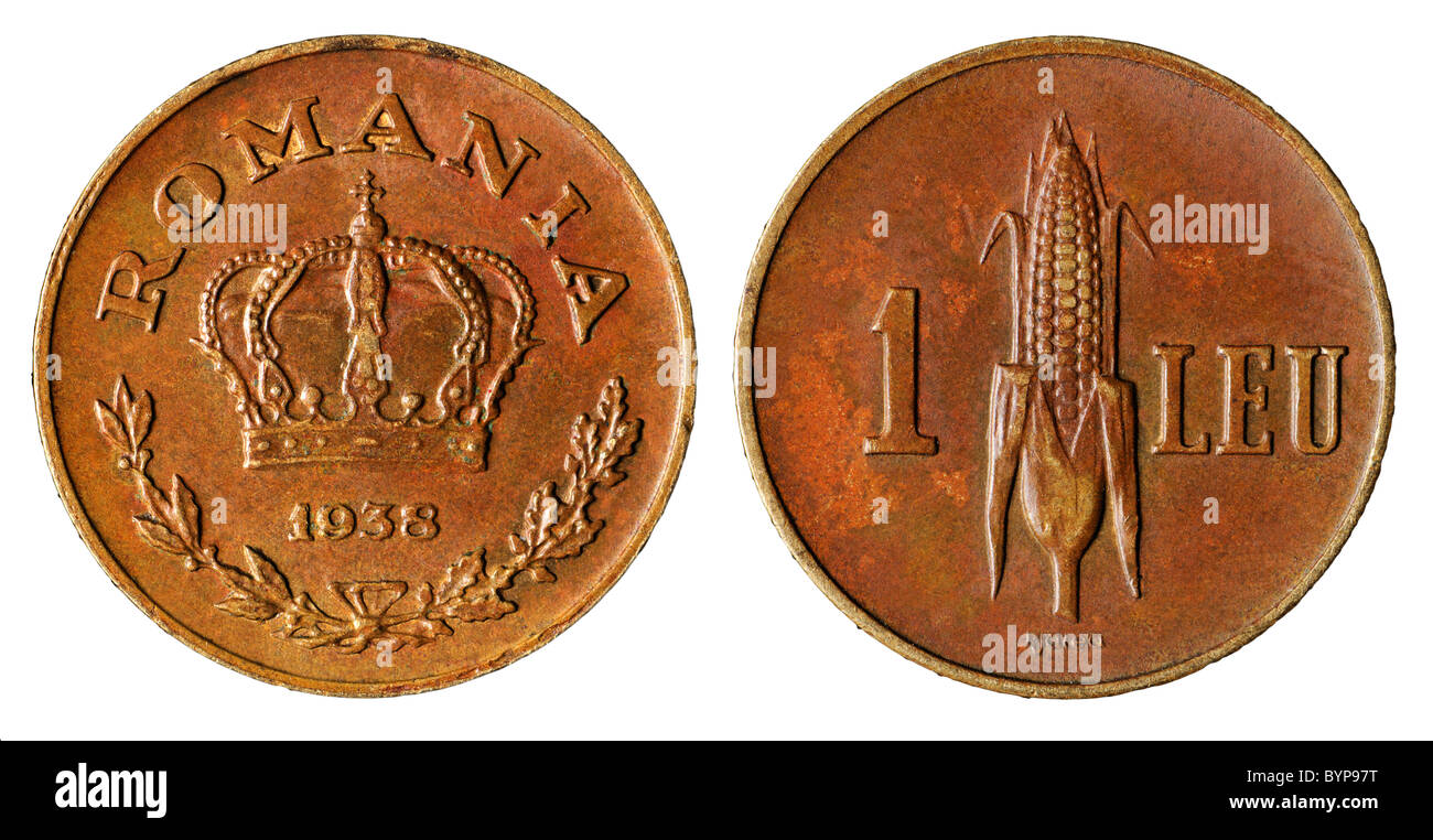 Rumänischer Leu 1 Münze aus dem Jahr 1938 Stockfoto