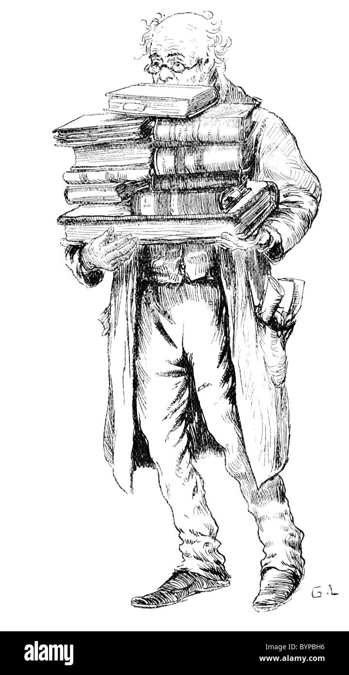 1888-Skizze, wankenden unter dem Gewicht des Wissens; ein Mann torkelt unter dem Gewicht der Bücher, die er trägt Stockfoto