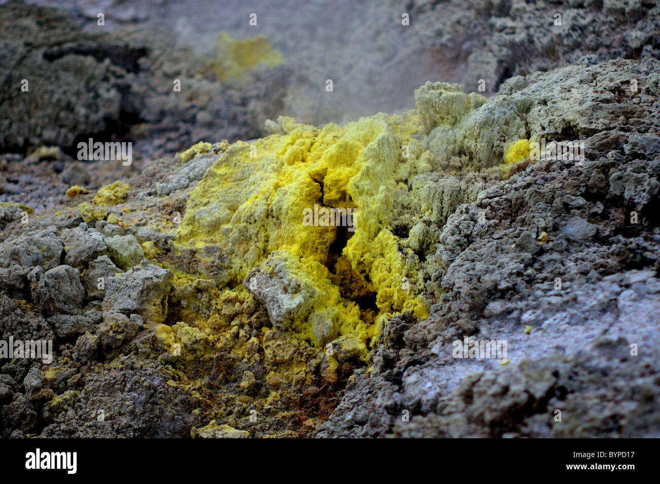 Ablagerungen von elementaren Schwefel um Öffnungen in Wai-o-Tapu geothermal Region in Neuseeland Stockfoto
