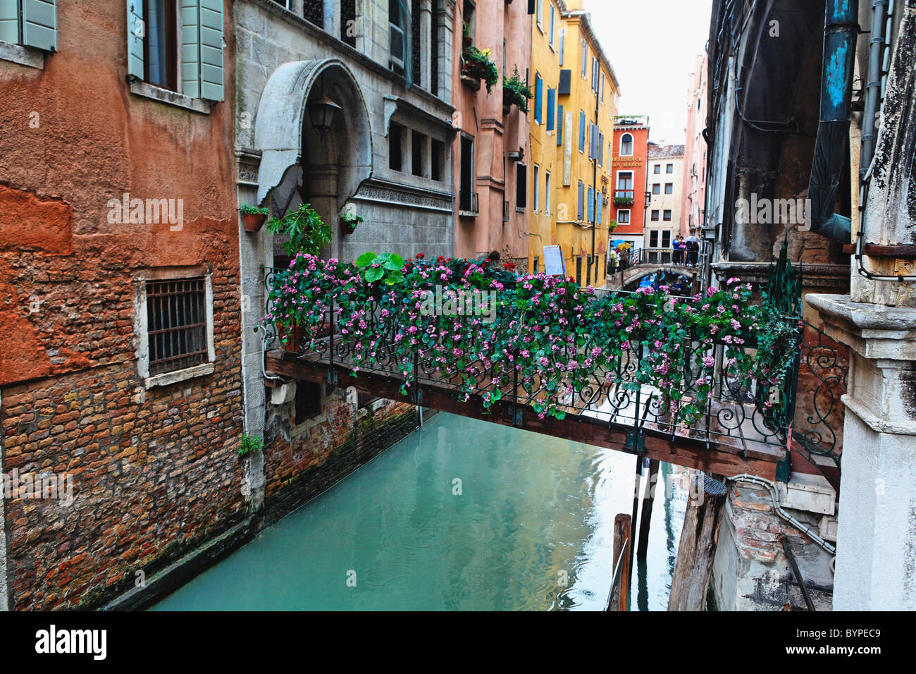 Kleine Brücke mit Blumen, Sestiere San Marco, Venedig, Italien Stockfoto
