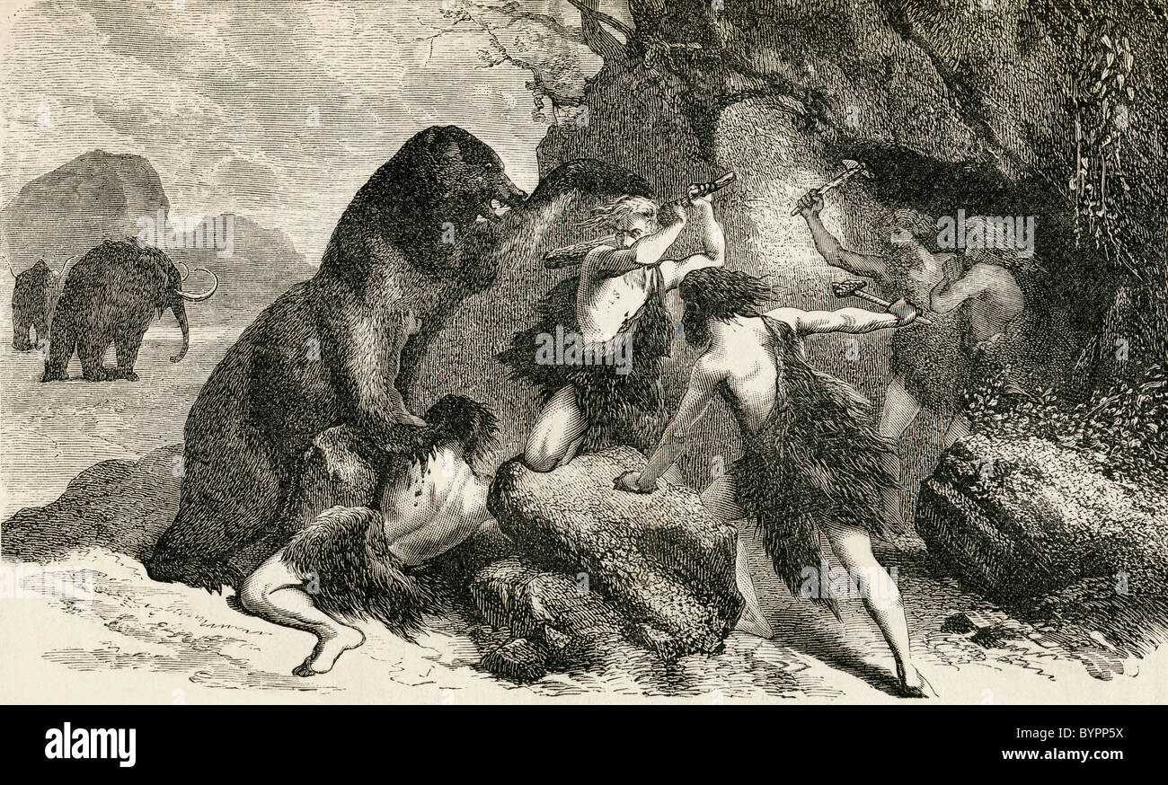 Urmenschen in der Zeit des riesigen Bären und Mammut. Stockfoto