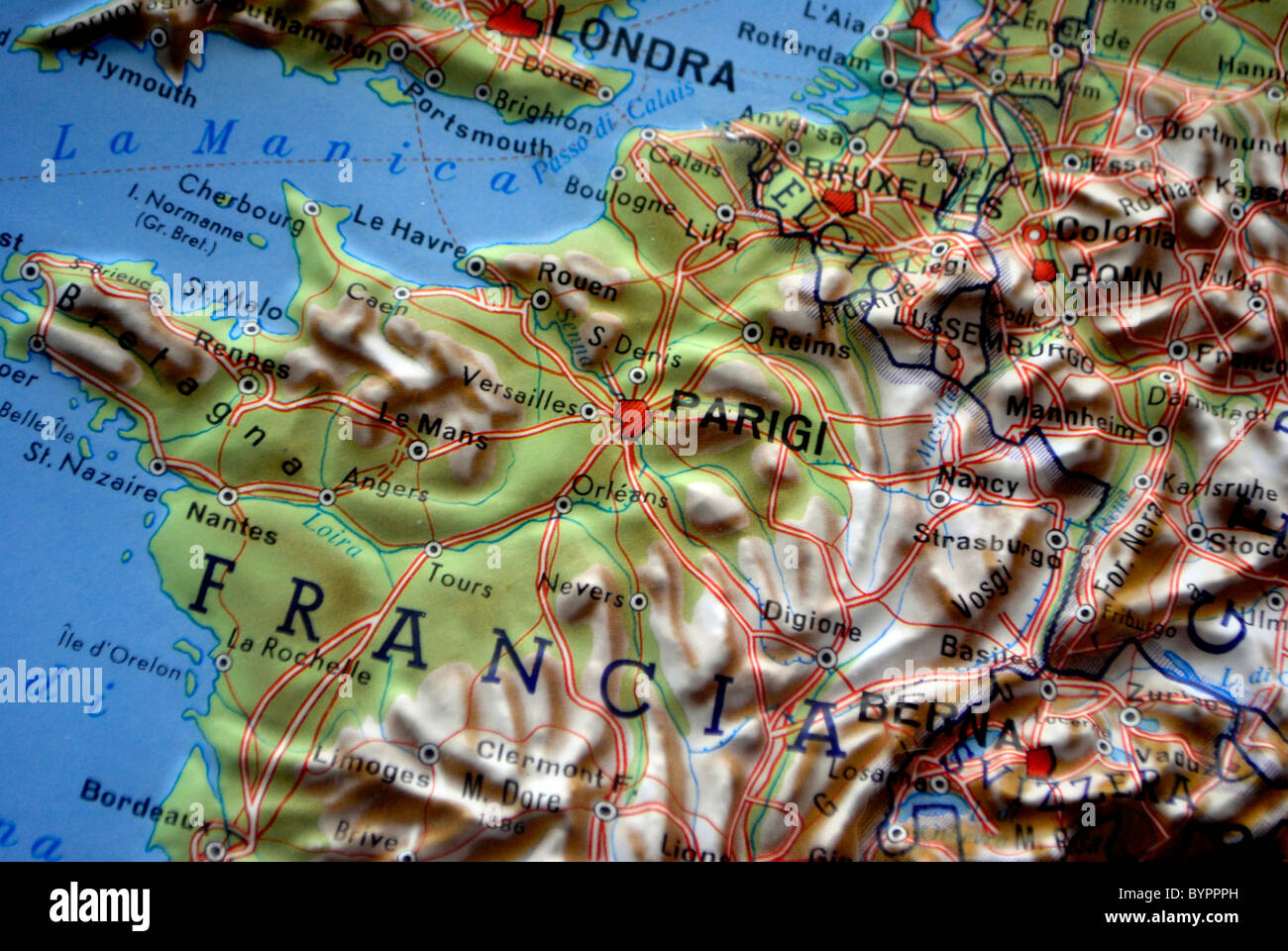 Stadtplan im Relief, Europa Frankreich Deutschland Italien Stockfoto