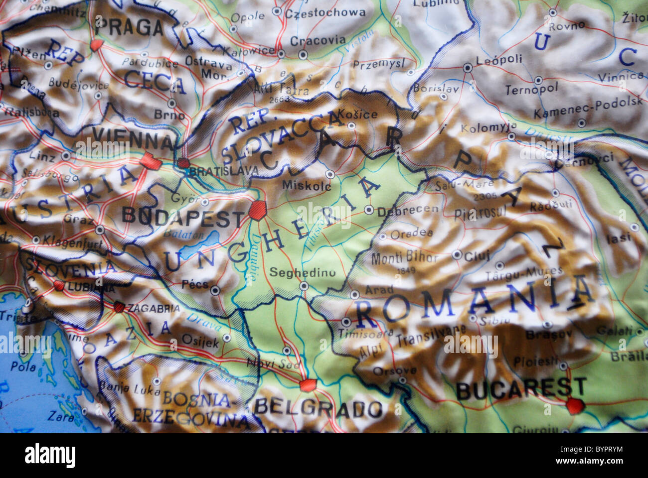 Stadtplan im Relief, Europa Frankreich Deutschland Italien Stockfoto