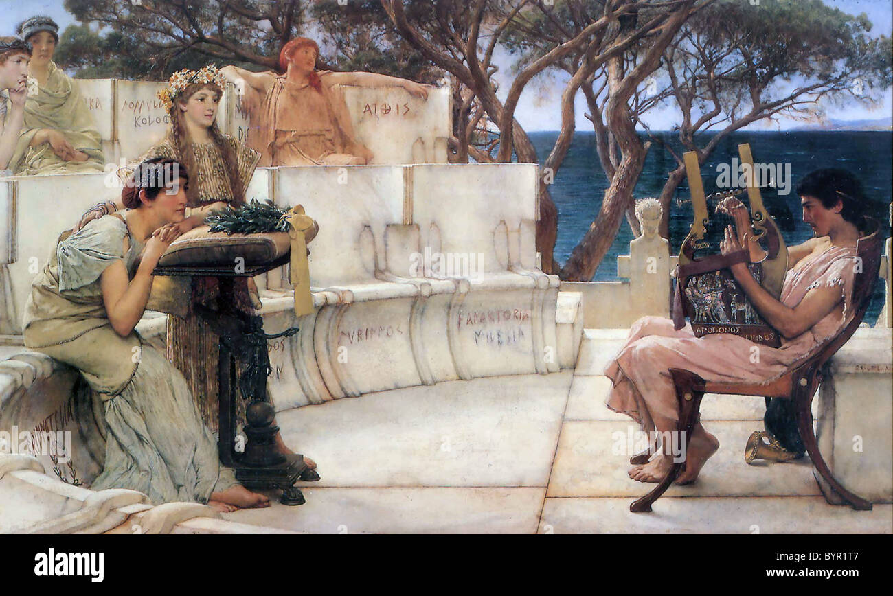 SAPPHO antiken griechischen Dichter gesehen hier auf der linken Seite in der Malerei Sappho und Alcaeus von Lawrence Tadema 1881 gemalt Stockfoto