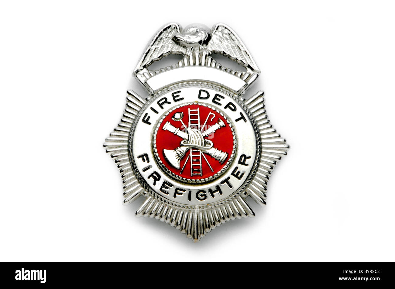 Feuerwehr Abzeichen auf weißem Hintergrund Stockfoto