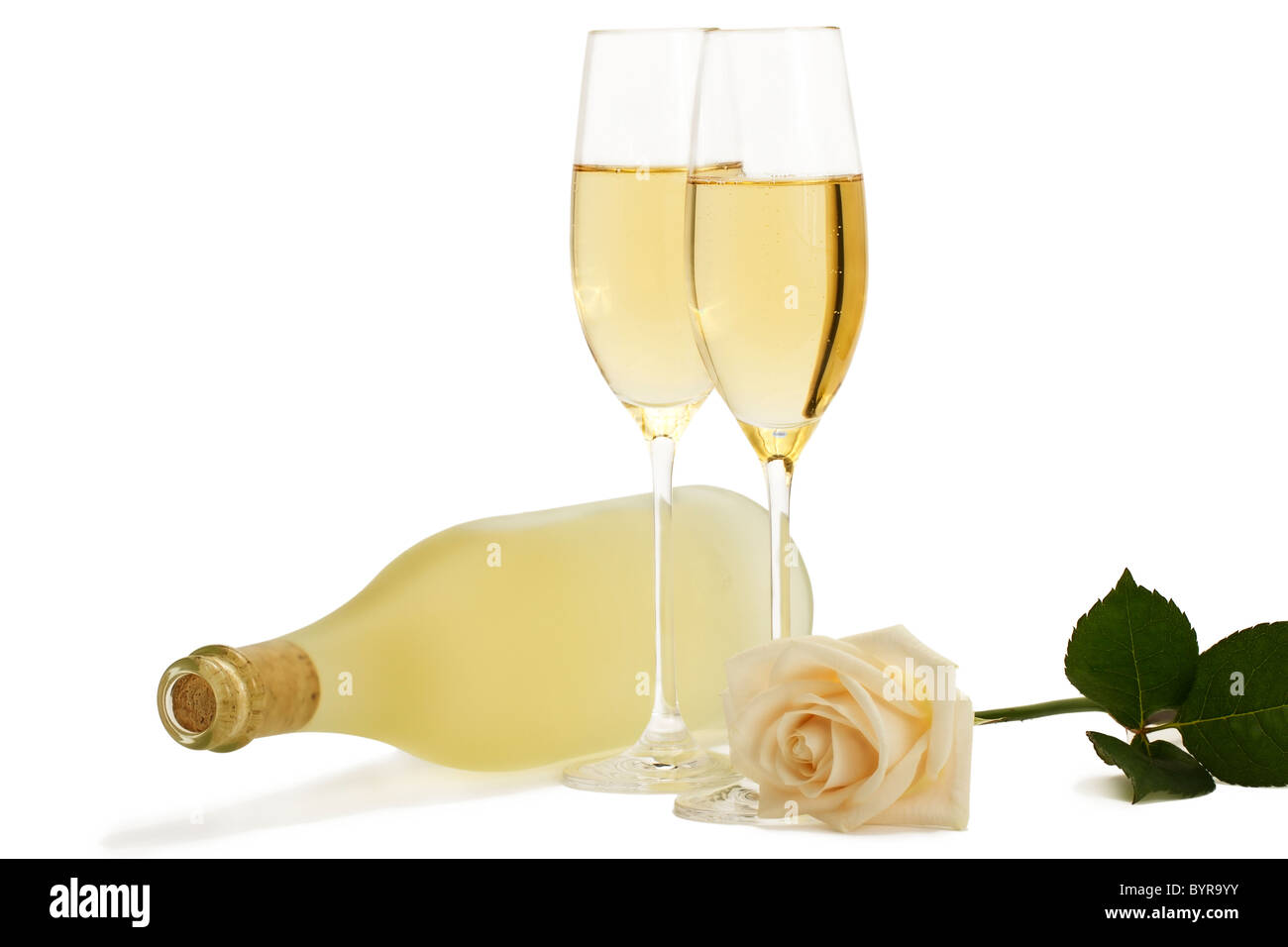 cremige Rose vor zwei Sektgläser und ein Stumpf prosecco Flasche auf weißem Hintergrund Stockfoto