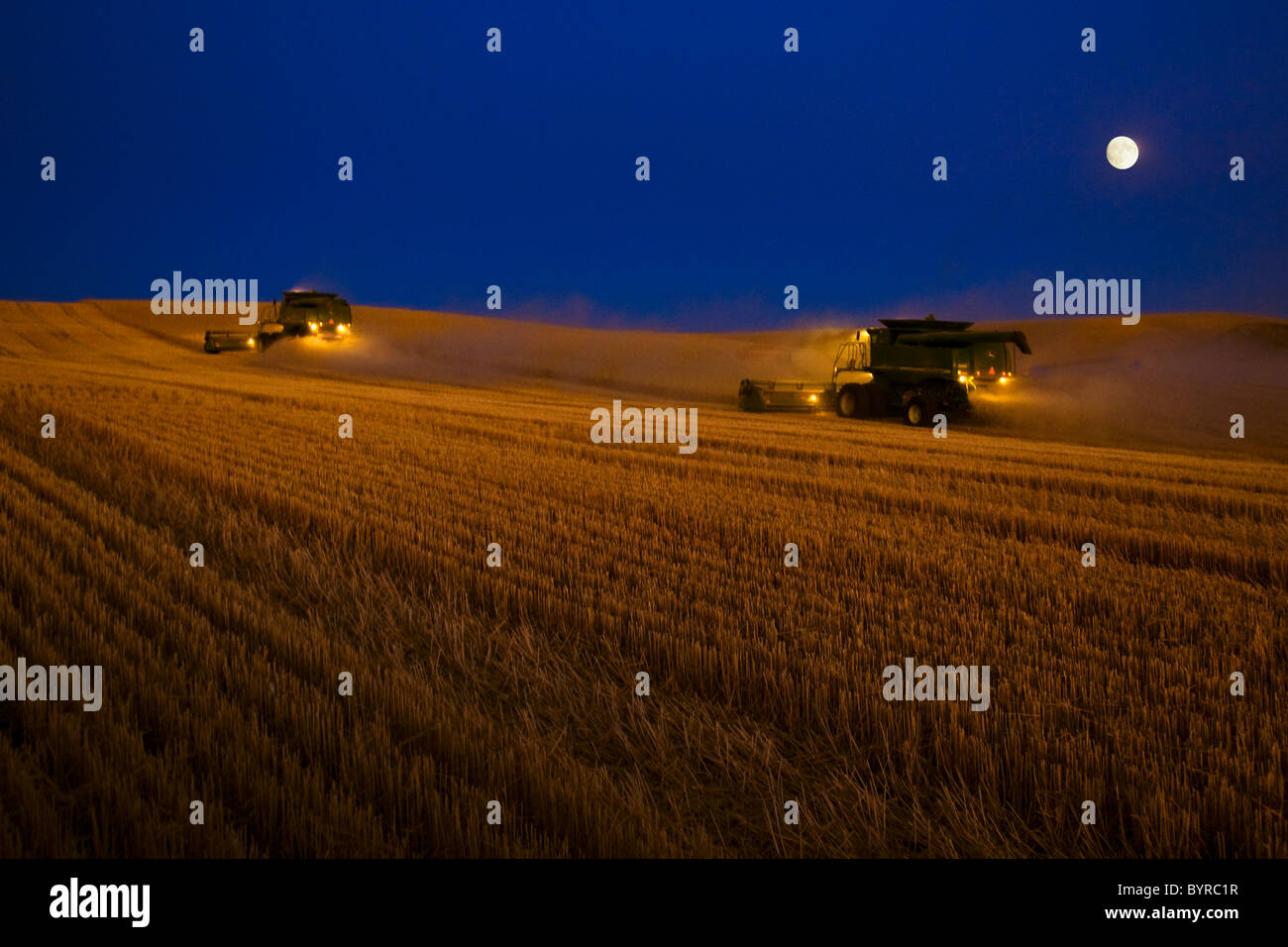 Zwei John Deere verbindet Ernte Weizen nach Einbruch der Dunkelheit mit dem Mond auf dem Vormarsch / in der Nähe von Pullman, Palouse Region, Washington, USA. Stockfoto