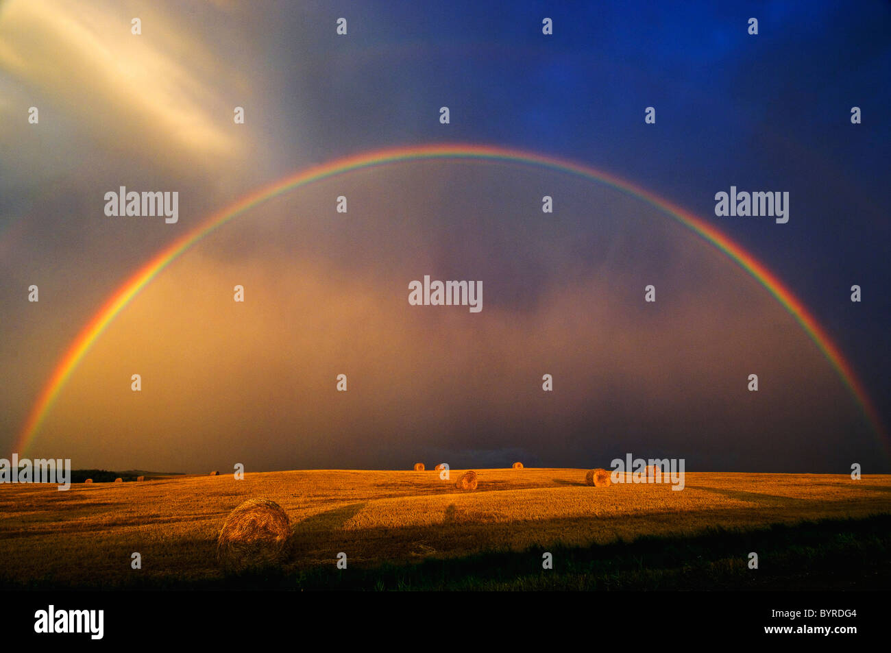 Landwirtschaft - ein Regenbogen und Wolken über einem Feld Runde Weizenstroh Ballen / in der Nähe von Cypress River in Manitoba, Kanada. Stockfoto