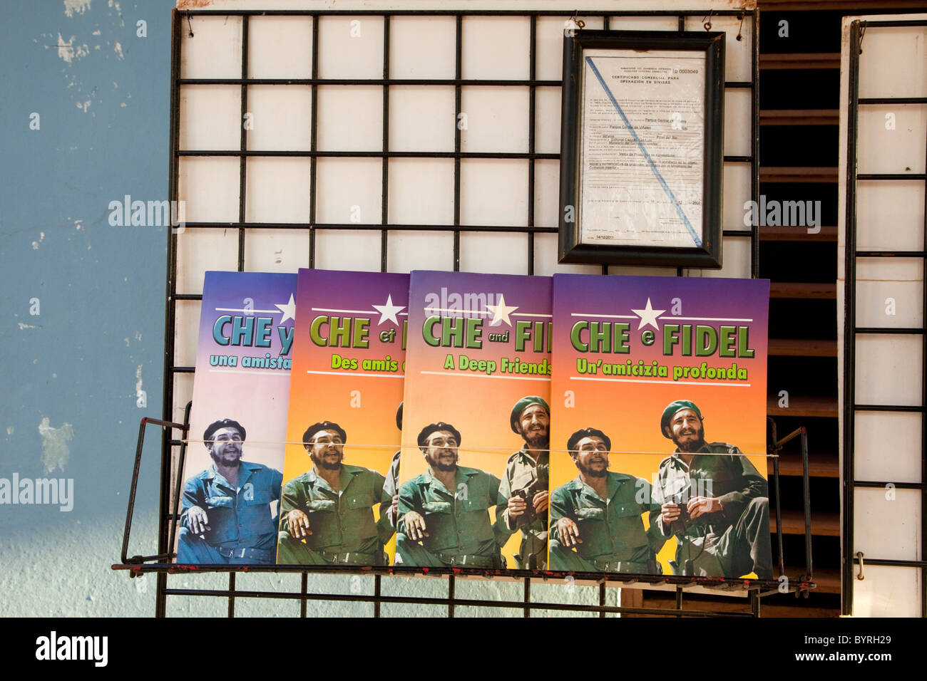 Kuba. "Che und Fidel: eine tiefe Freundschaft" in Englisch, Spanisch, Französisch und Italienisch, auf ein Buch Rack ein Souvenir zu stehen. Stockfoto