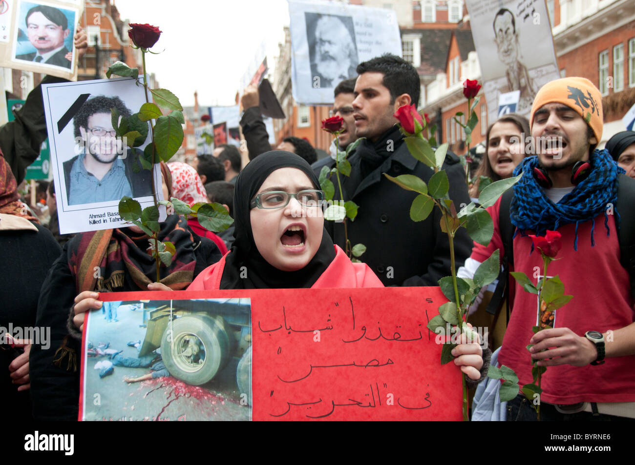 5. Februar 2011. Protest gegen Mubarak an der ägyptischen Botschaft London Stockfoto