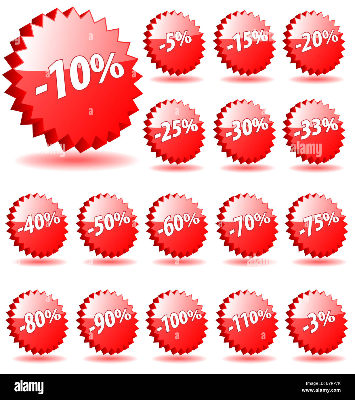 3D Vektor Sterne Abzeichen mit Rabatt Zahlen für Werbung und Marketing. Stockfoto