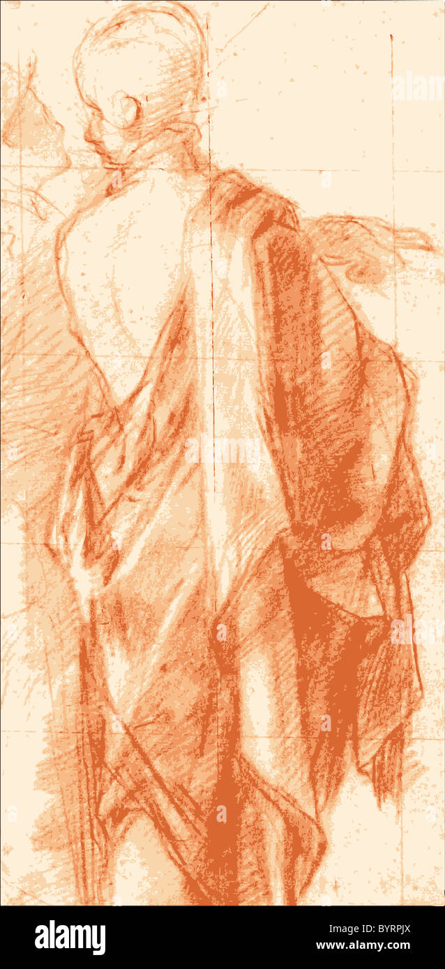 Eine ständige drapiert Mann Figur gestikulierend an einem anderen an seiner linken - Illustration der Skizze oder Zeichnung von BERNARDO BARBATELLI. Stockfoto