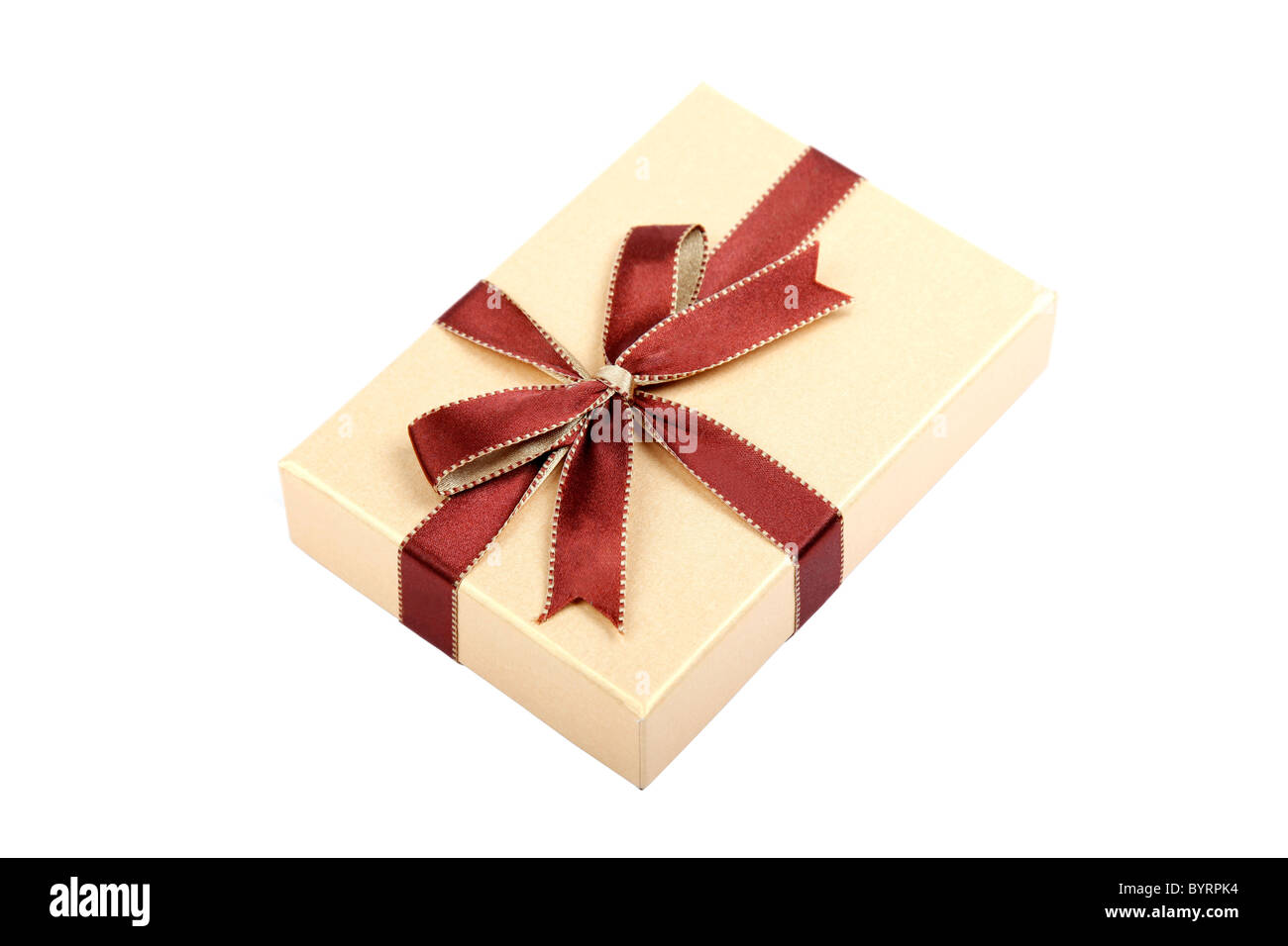 Geschenkbox mit Schleife und Bogen isoliert auf weißem Hintergrund. Studio gedreht. Stockfoto