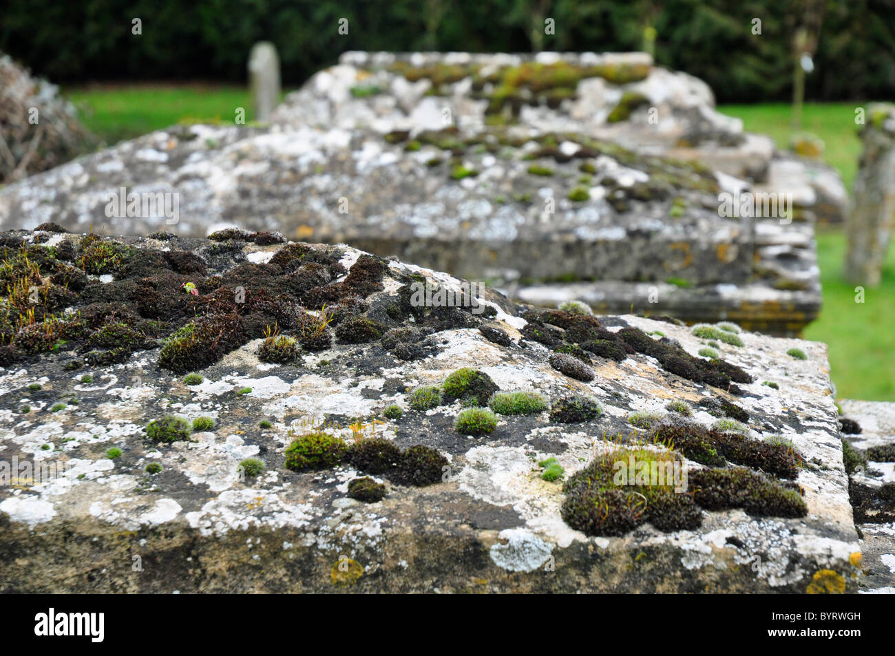 Wiltshire, England: Moos bedeckt, Grabsteine und Denkmäler im Land Kirchhöfe Stockfoto