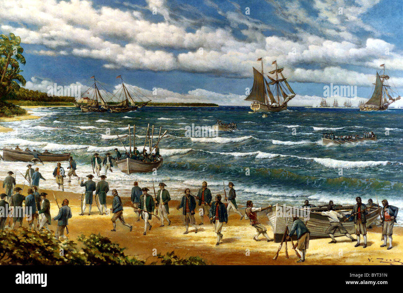 New Providence Raid, überfällt die kontinentale Marine New Providence, Bahamas, 3. März 1776 Stockfoto