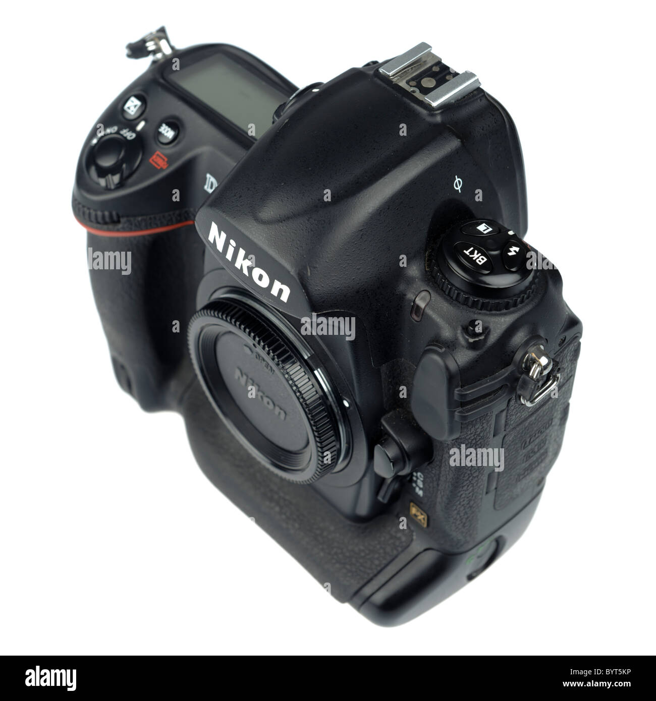 Vogelperspektive Blick auf eine Nikon D3 Digitalkamera Ausschnitt auf weißem Hintergrund Stockfoto
