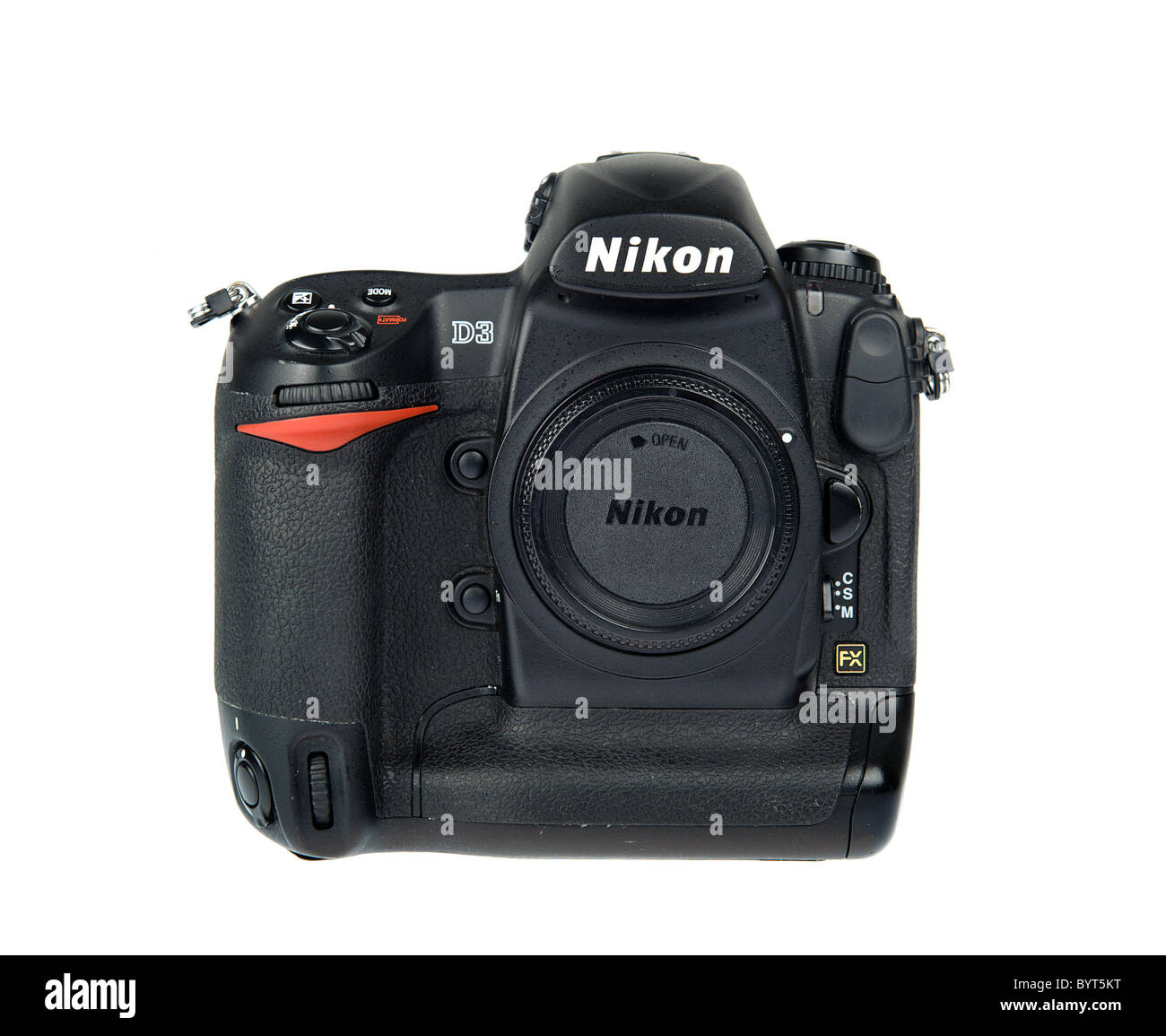 Blick nach vorne auf eine Nikon D3 Digitalkamera Ausschnitt auf weißem Hintergrund Stockfoto