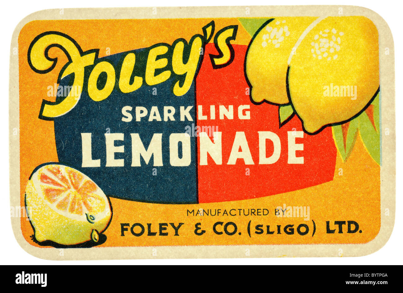 Alte Papier pop-Label für Foleys prickelnde Limonade hergestellt von Foley und Co (Sligo Ltd). EDITORIAL NUR Stockfoto