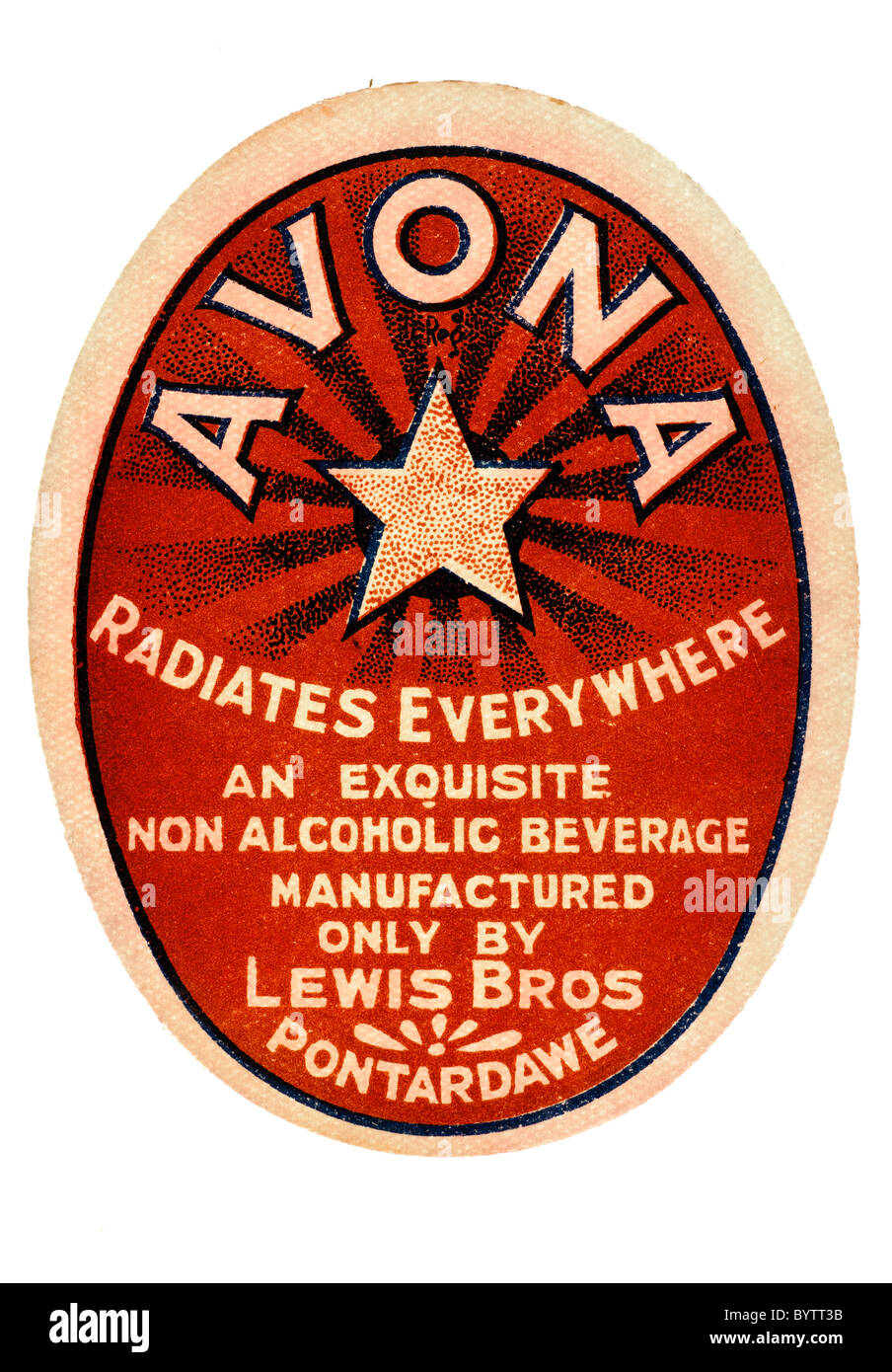 Alte Papier Pop-Label für reine Avona nicht-alkoholische Getränke von Lewis Bros von Ponterdawe. EDITORIAL NUR Stockfoto