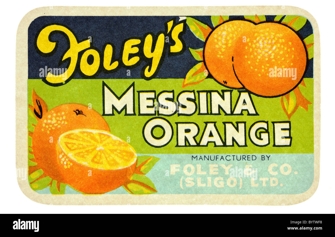 Alte Papier pop-Label für Foleys Messina Orange von Foley und Co (Sligo Ltd) hergestellt. EDITORIAL NUR Stockfoto