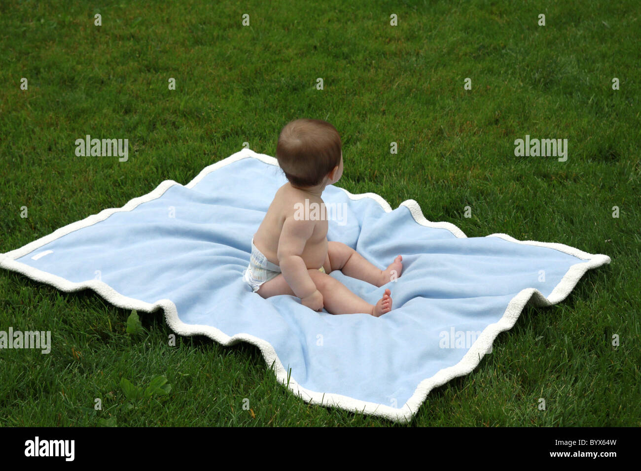 Ein Baby auf einer blauen Decke im grünen Rasen, im Rückblick. Stockfoto