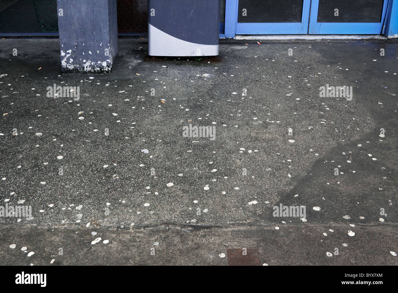 Verworfen, Kauen von Kaugummi und Gigatettes auf dem Boden vor dem Eingang zu einem öffentlichen Gebäude. Stockfoto