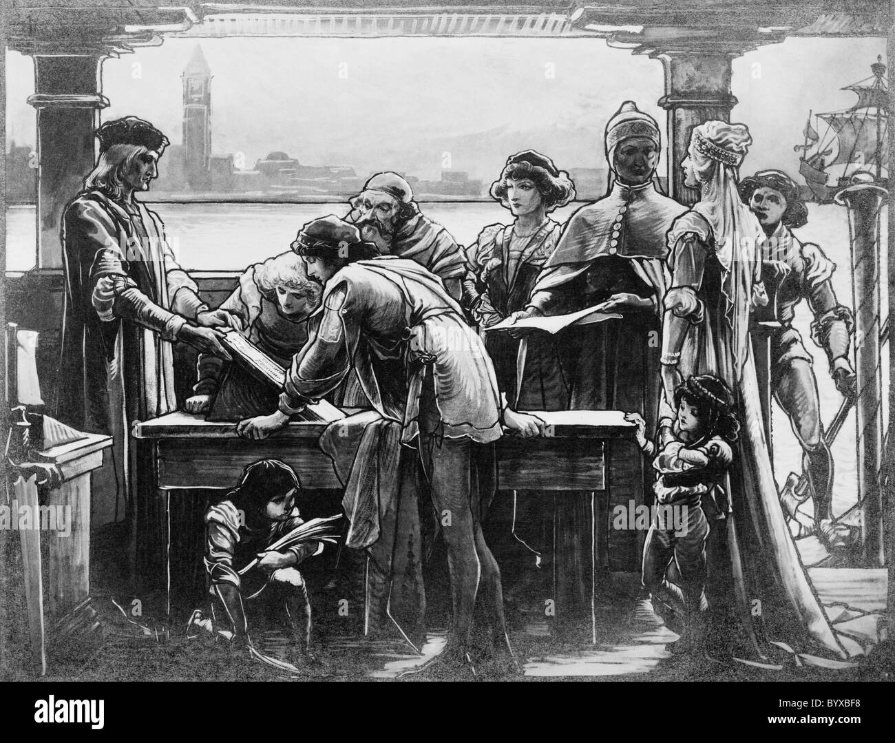 Vintage Illustration von zukunftsweisenden italienische Drucker Aldus Manutius (c1449 - 1515) zeigt Seiten aus seinem Druckmaschine im Jahre 1502. Stockfoto