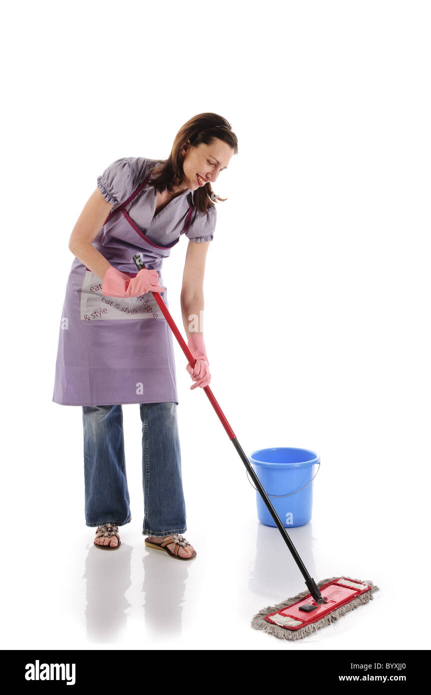 Hausfrau, Putzfrau mit Wischmopp Stockfoto
