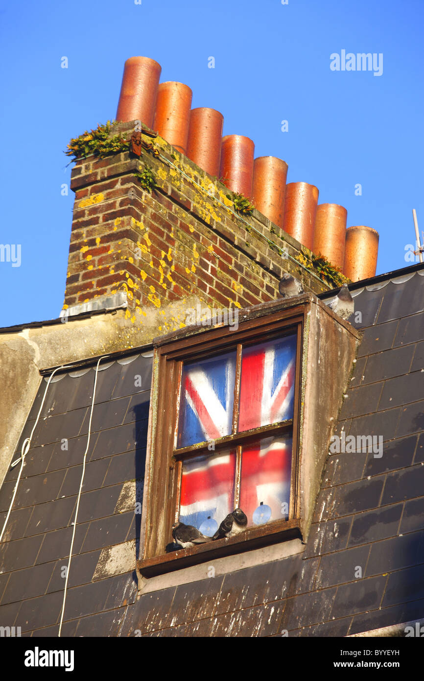 Union Flag und Schornstein stack Stockfoto