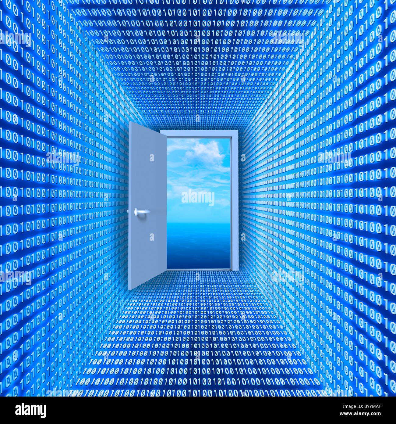 Halle aus Binärcode zur offenen Tür und Wolkengebilde. Konzeptbild: virtuelle Realität. Stockfoto