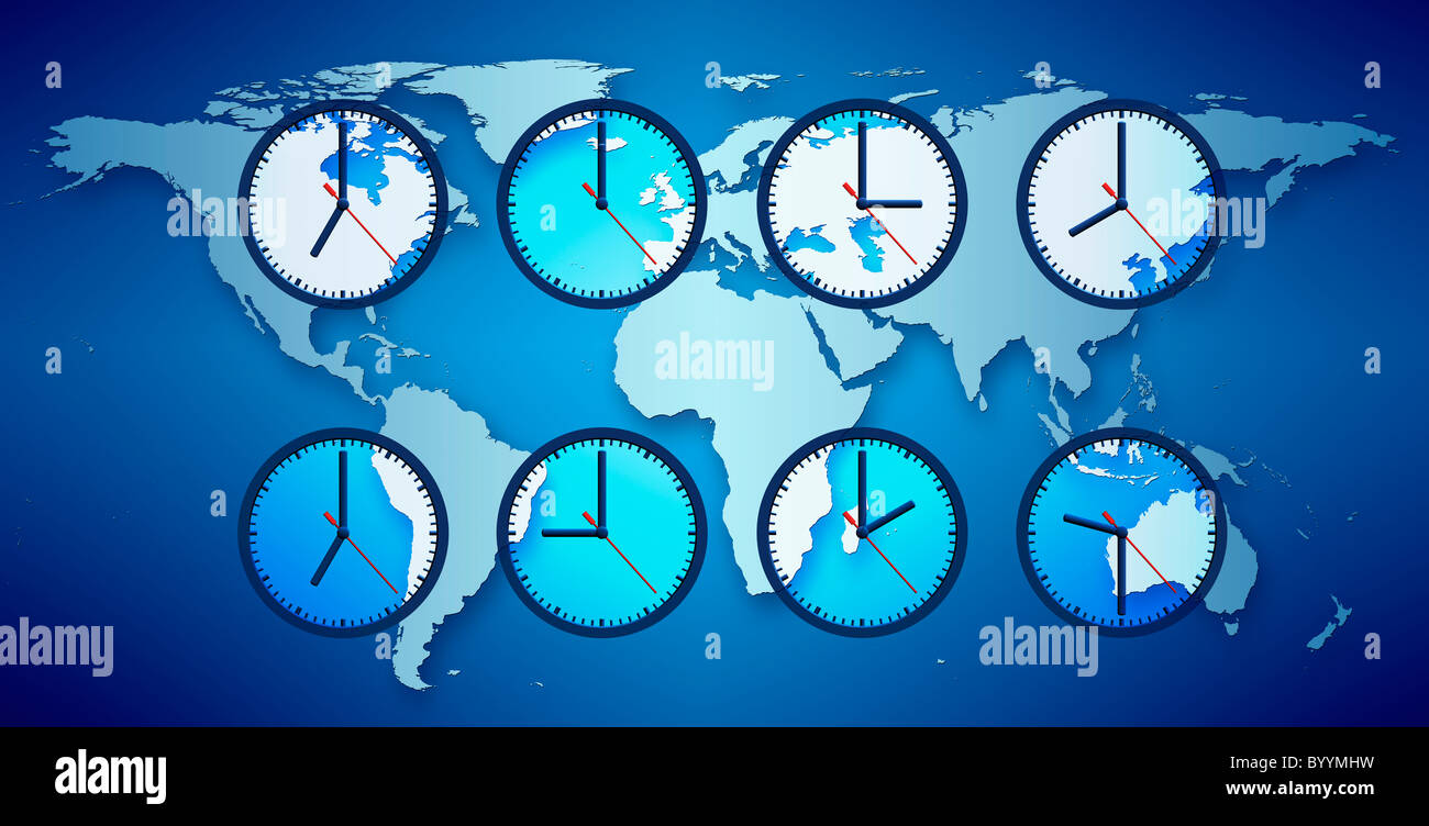 Weltkarte mit Uhren Ortszeit anzeigen. Stockfoto